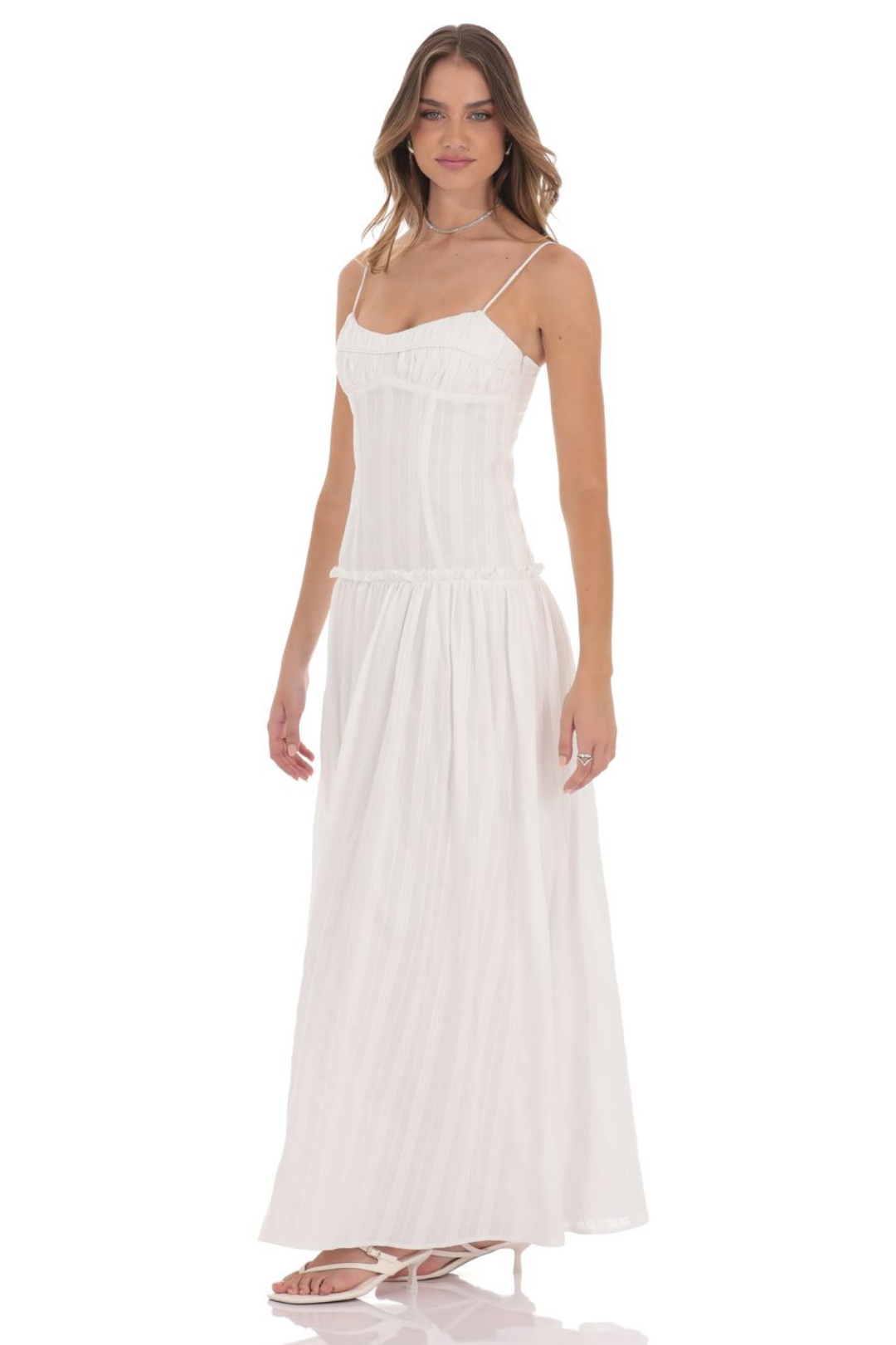Serena Embroidered Striped Maxi Dress White Color